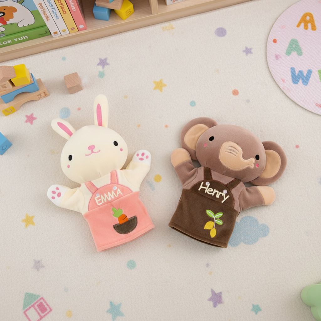 Personalized Bunny and Elephant Hand Puppet Custom Name Plush Toy  Easter Basket Stuffer for Kids Imaginative Play
