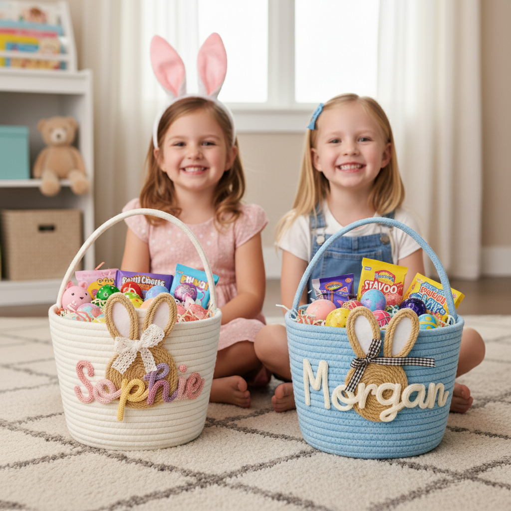 Personalized Easter Bunny Ear Cotton Basket Bunny Carrot Rope Basket Custom Name Cute Kids Gift and Decoration