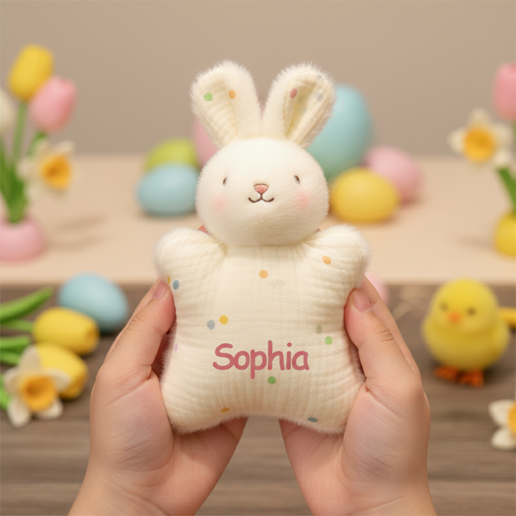 Personalized Easter Bunny Pocket Plush  Custom Name Stuffed Animal Soft Muslin  Easter Basket Stuffer for Kids