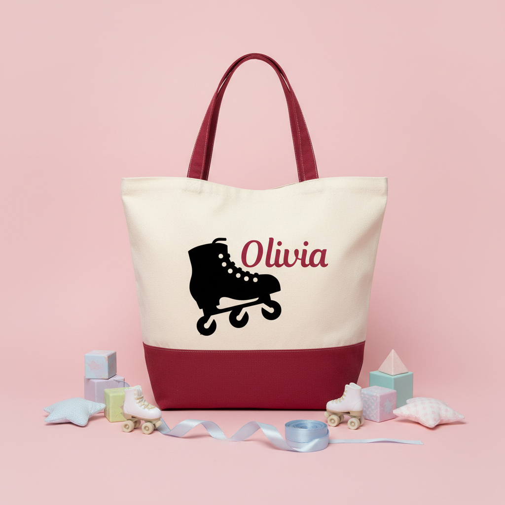 Personalized Roller Skate Canvas Tote Bag for Kids Custom Name Colorful and Fun Gift