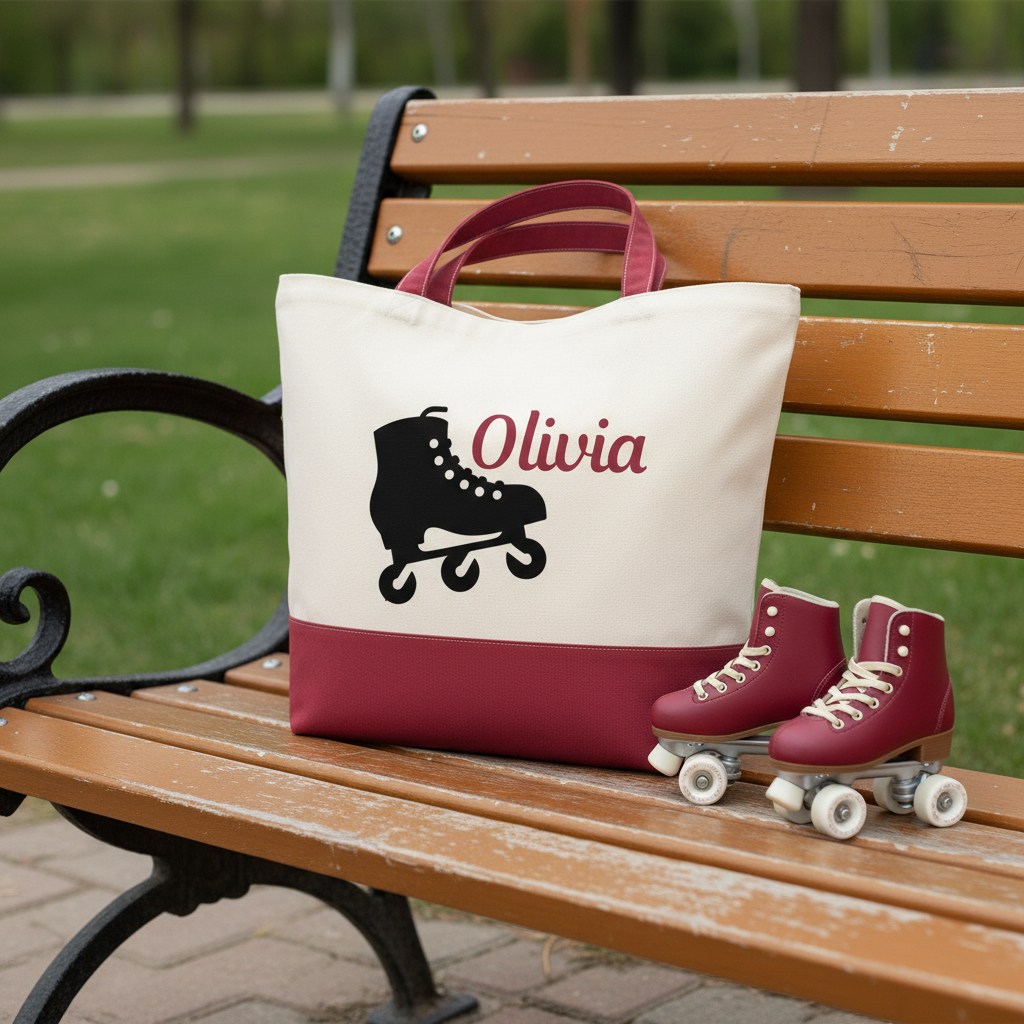 Personalized Roller Skate Canvas Tote Bag for Kids Custom Name Colorful and Fun Gift
