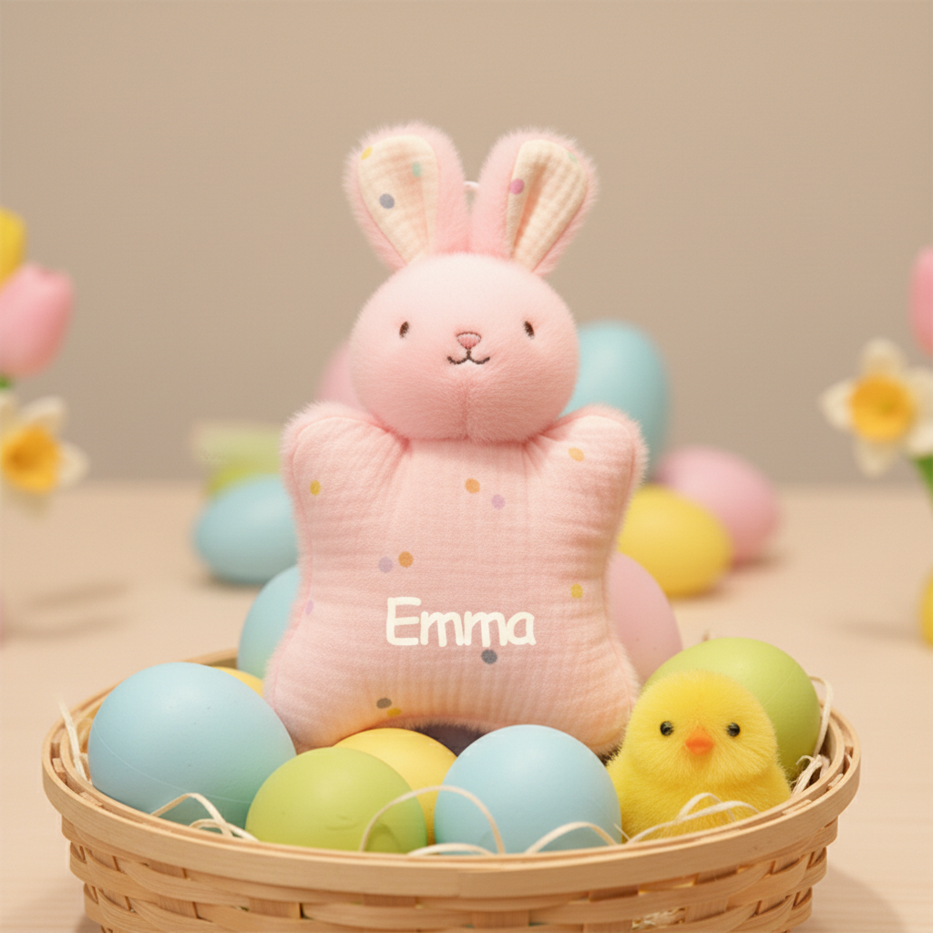 Personalized Easter Bunny Pocket Plush  Custom Name Stuffed Animal Soft Muslin  Easter Basket Stuffer for Kids
