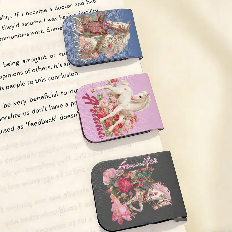 Personalized Horse PU Leather Magnetic Bookmark Clip with Name Daily Use Birthday Gift for Book Lovers Riding Lovers Equestrian Lovers