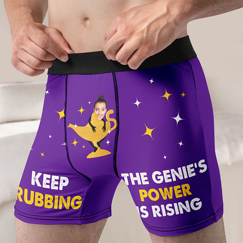 Personalized Girlfriend Wife Face Keep Rubbing The Genie's Power is Rising Boxer Briefs Men Underwear with Woman Photo Valentines Day Gift for Him