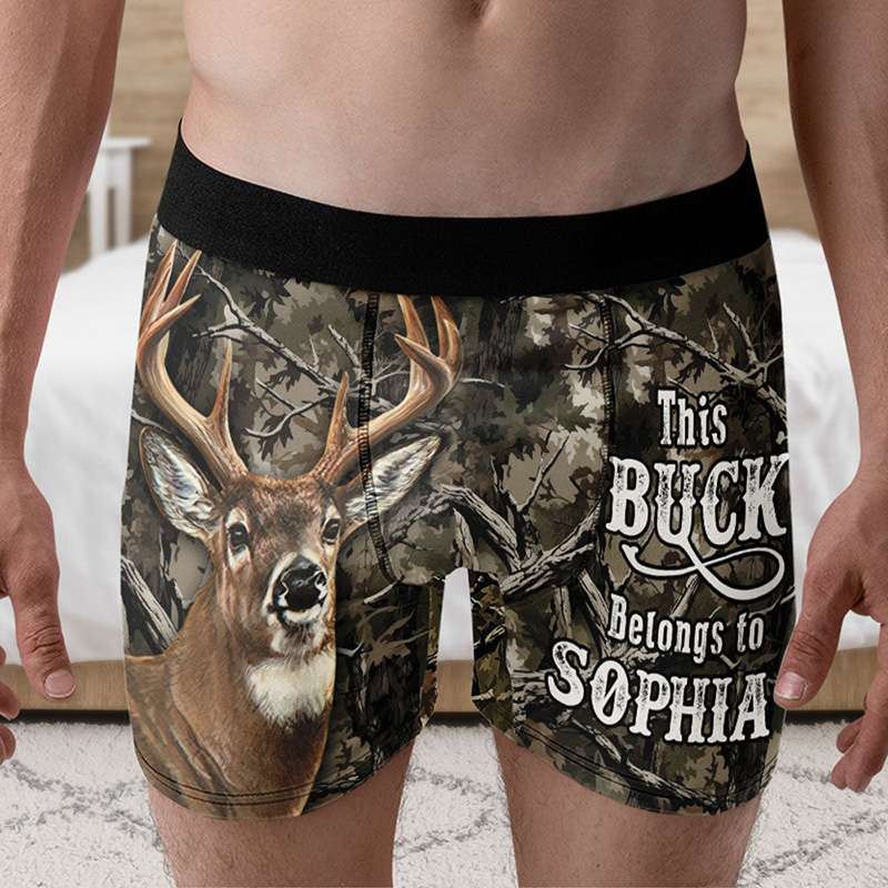 Personalized Men This Buck Belongs to Her Boxer Brief Custom Boyfriend Husband Underwear with Girlfriend Wife Name Valentines Day Gift for Him