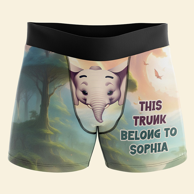Personalized Man This Trunk Belong To Her Boxer Brief Custom Men Elephant Pattern Underwear with Woman Name Valentines Day Gift for Boyfriend Husband