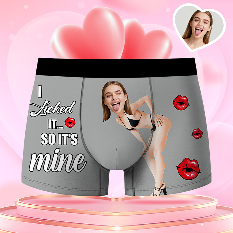 Personalized Girlfriend Wife Face Boxer Brief I Licked It So It's Mine Men Underwear with Woman Face Portrait Valentines Day Gift for Boyfriend Husband