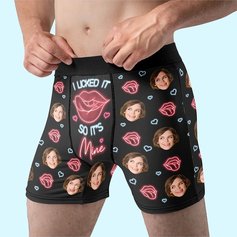 Personalized Girlfriend Wife Face Neon-style I Licked It So It’s Mine Boxer Briefs Men Underwear with Woman Face Photo Valentines Day Gift for Him