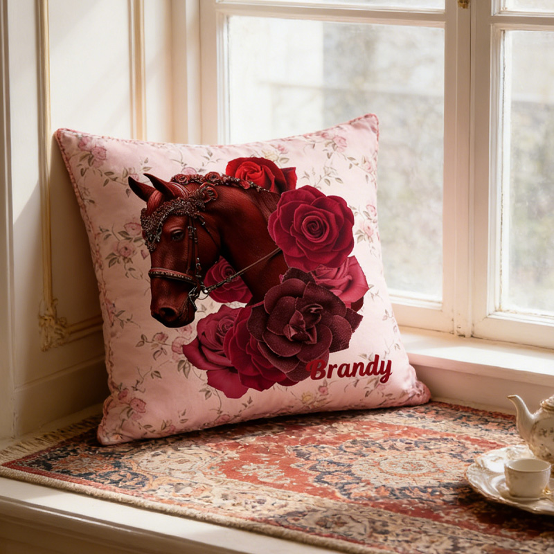 Personalized Birth Flower Horse Throw Pillow Equestrian Pillow Cover French Farmhouse Decor for Riding Lovers Equestrian Lovers
