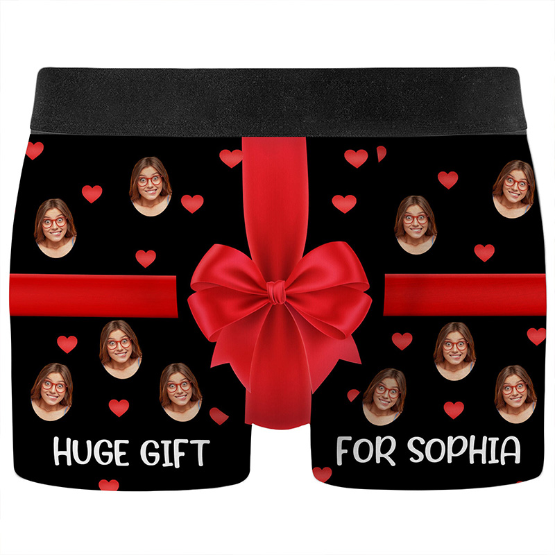 Personalized Girlfriend Wife Face Boxer Brief Red Bow Huge Gift For Her Men Underwear with Woman Face Photo Valentines Day Gift for Boyfriend Husband