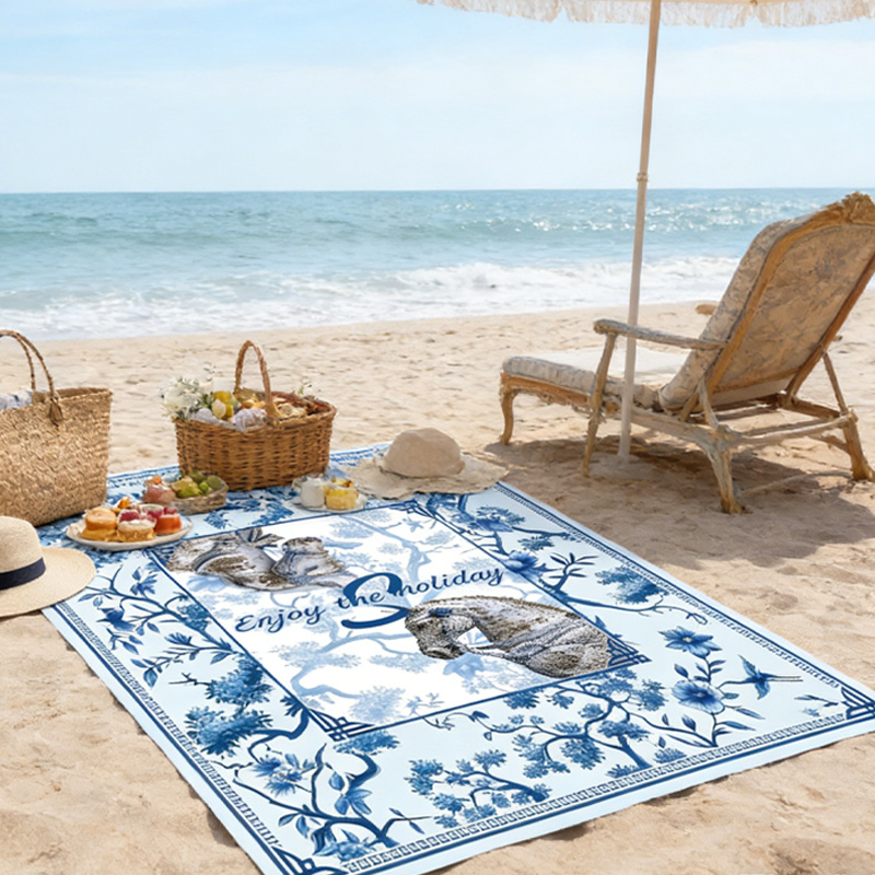 Personalized Monogram Chinoiserie Equestrian Blue and White Porcelain Horse Quick-Dry Microfiber Beach Towel Beach Party Birthday Gift for Equestrian Lovers