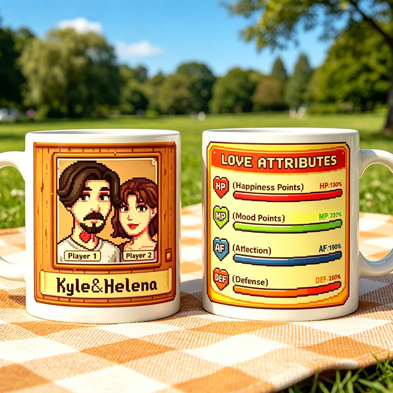 Personalized Game Couple Mug with Names Pixel-style All-over Print Couple Mug Personalized Couple Gift Photo Mug