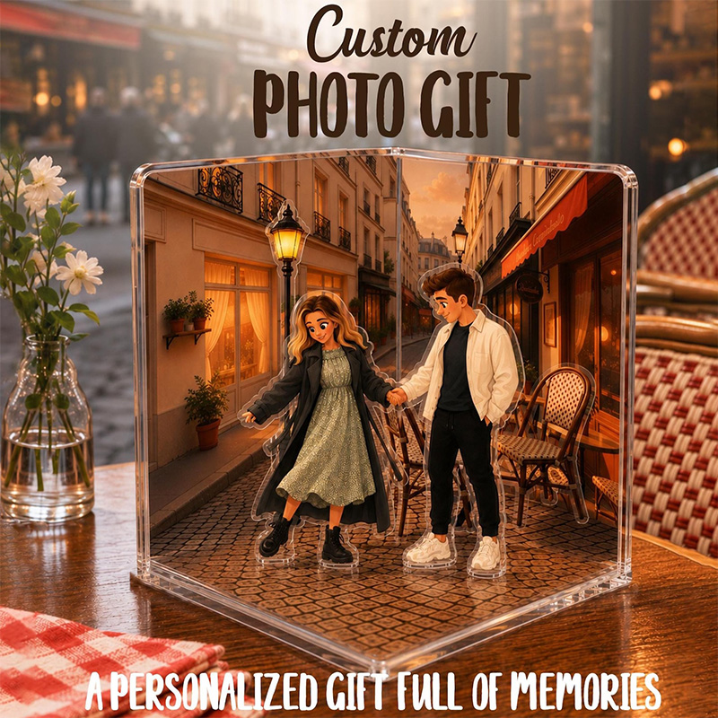 Personalized Acrylic Photo Plaque Couple 3D Christmas Figurine Wedding Gift for Her Romantic Gift Photo to Cartoon Stand Home Decor Our First Christmas Plaque