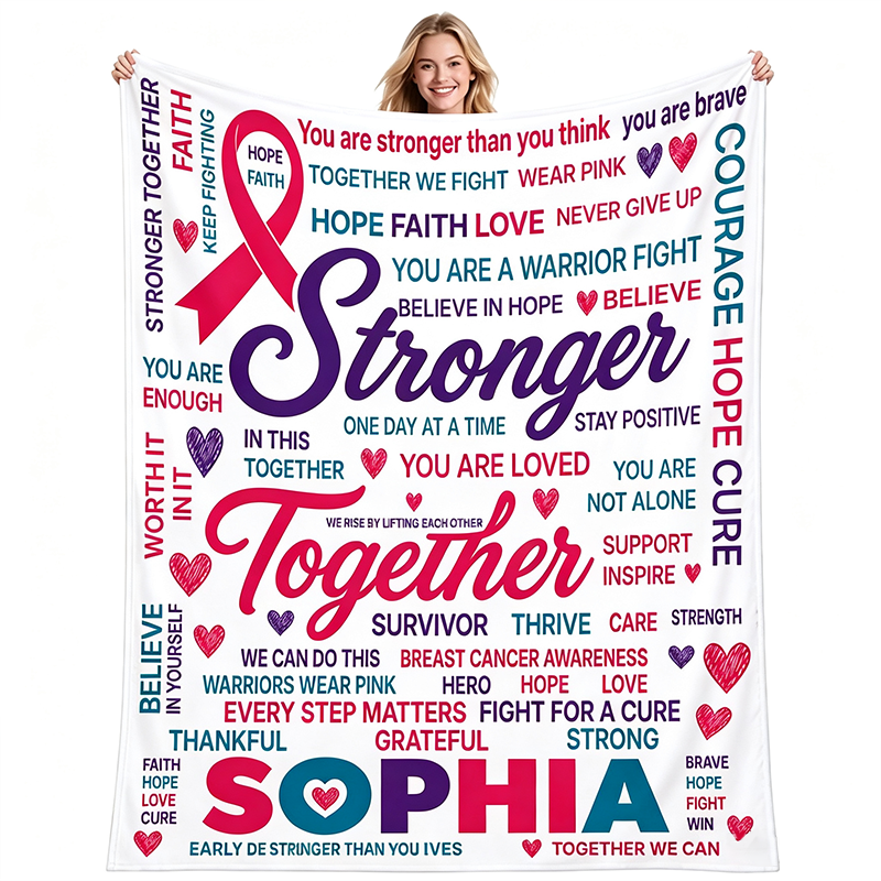 Personalized Breast Cancer Awareness Blanket for Women, Pink Ribbon Throw for survivors, chemo patients, recovery care and support gifts