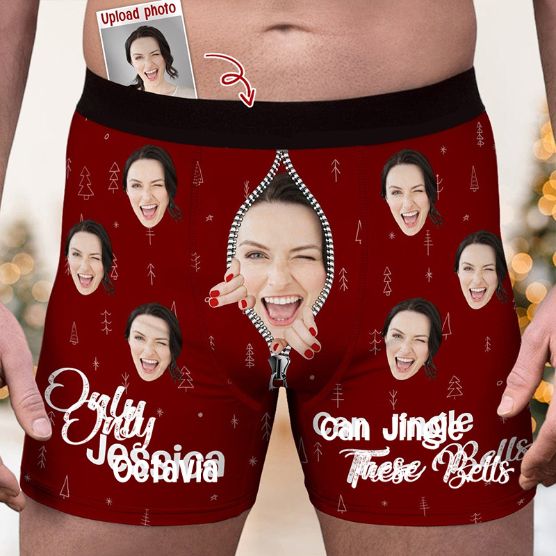 Personalized Girlfriend Wife Face Only Her Can Jingle These Bells Christmas Boxer Briefs Men Underwear with Face Photo Xmas Gift for Boyfriend Husband