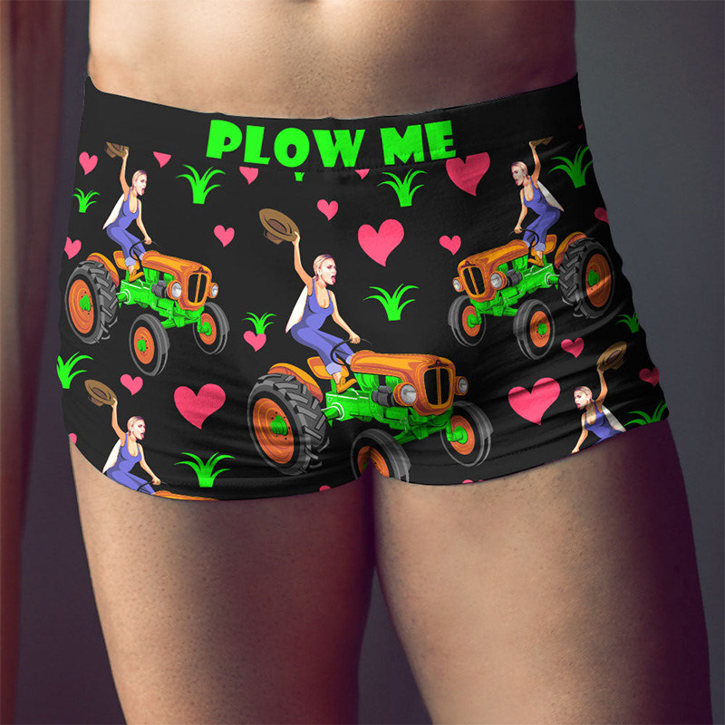 Personalized Girlfriend Wife Face Farmer Men Plow Me Boxer Briefs Men Underwear with Woman Face Photo Valentines Day Gift for Boyfriend Husband