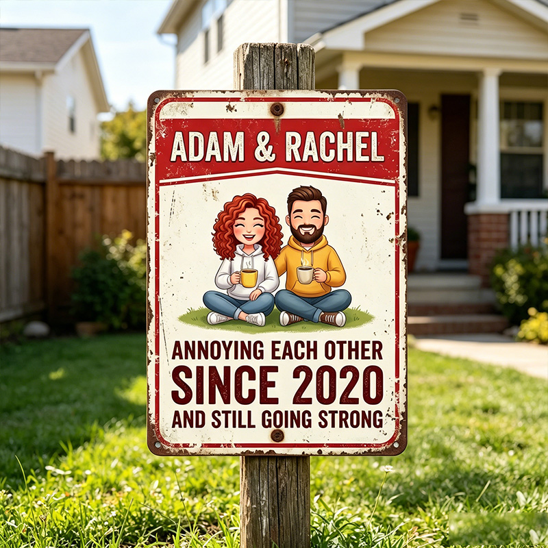 Personalized Cartoon Couple Metal Sign Annoying Each Other for Many Years Couple Backyard Sign with Name Personalized Custom Classic Metal Signs 