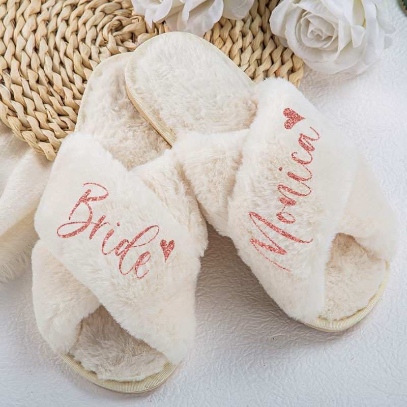 Personalized Bridesmaid Fluffy Slippers Custom Bride Name and Heart Slipper Maid of Honor Slippers Bridal Shower Gift Bachelorette Party Gift for Her