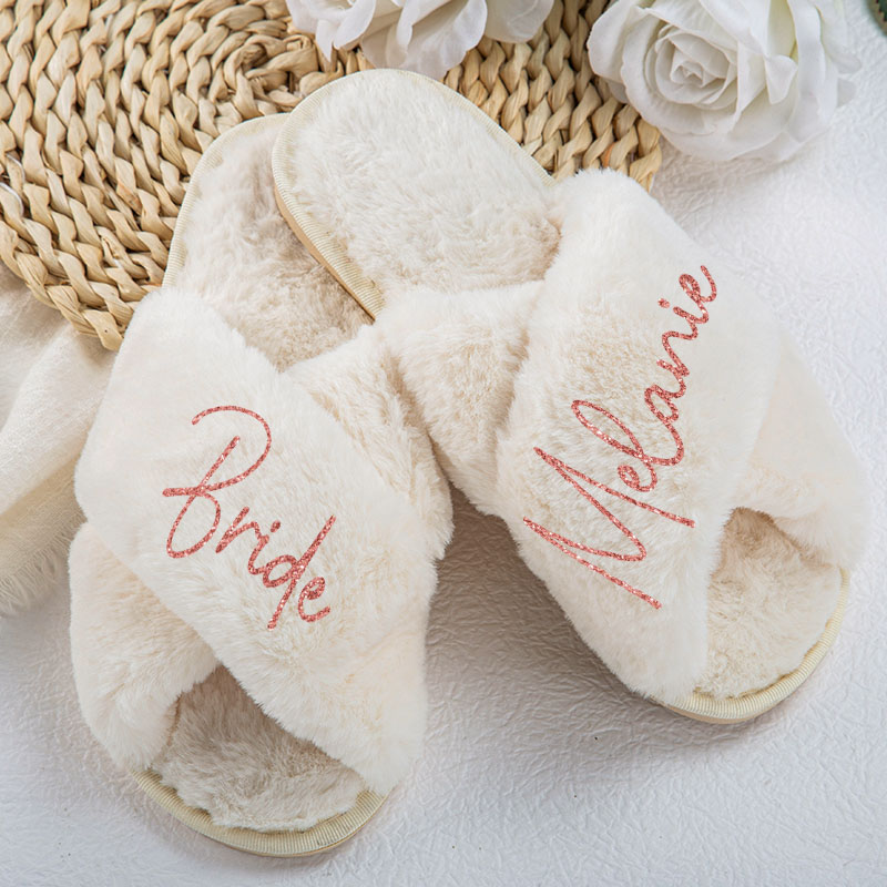 Personalized Bridesmaid Fluffy Slippers Custom Bride Name Fluffy Slipper Maid of Honor Slippers Bridal Shower Gift for Her Bachelorette Party Gift