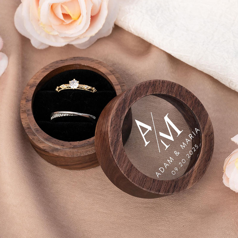 Personalized Couple Sleek Initials Wedding Wooden Ring Box Custom Newlyweds Name Ring Box with Acrylic Cover Engagement Ring Box Husband Wife Gift