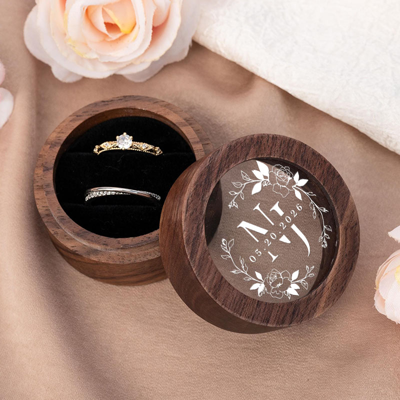 Personalized Couple Wedding Birth Floral Wreath Wood Ring Box Newlyweds Initial Ring Box with Acrylic Cover Engaged Date Ring Holder Husband Wife Gift