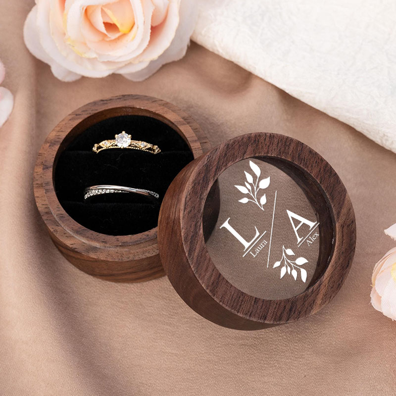 Personalized Couple Wedding Delicate Leaf Wood Ring Box Newlyweds Initials Name Ring Box with Acrylic Cover Engaged Ring Holder Husband Wife Gift