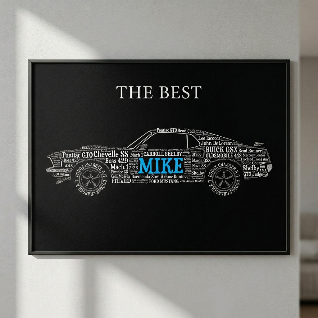 Personalized Classic Muscle Car Typography Word Art Personalized Name Framed Wall Print