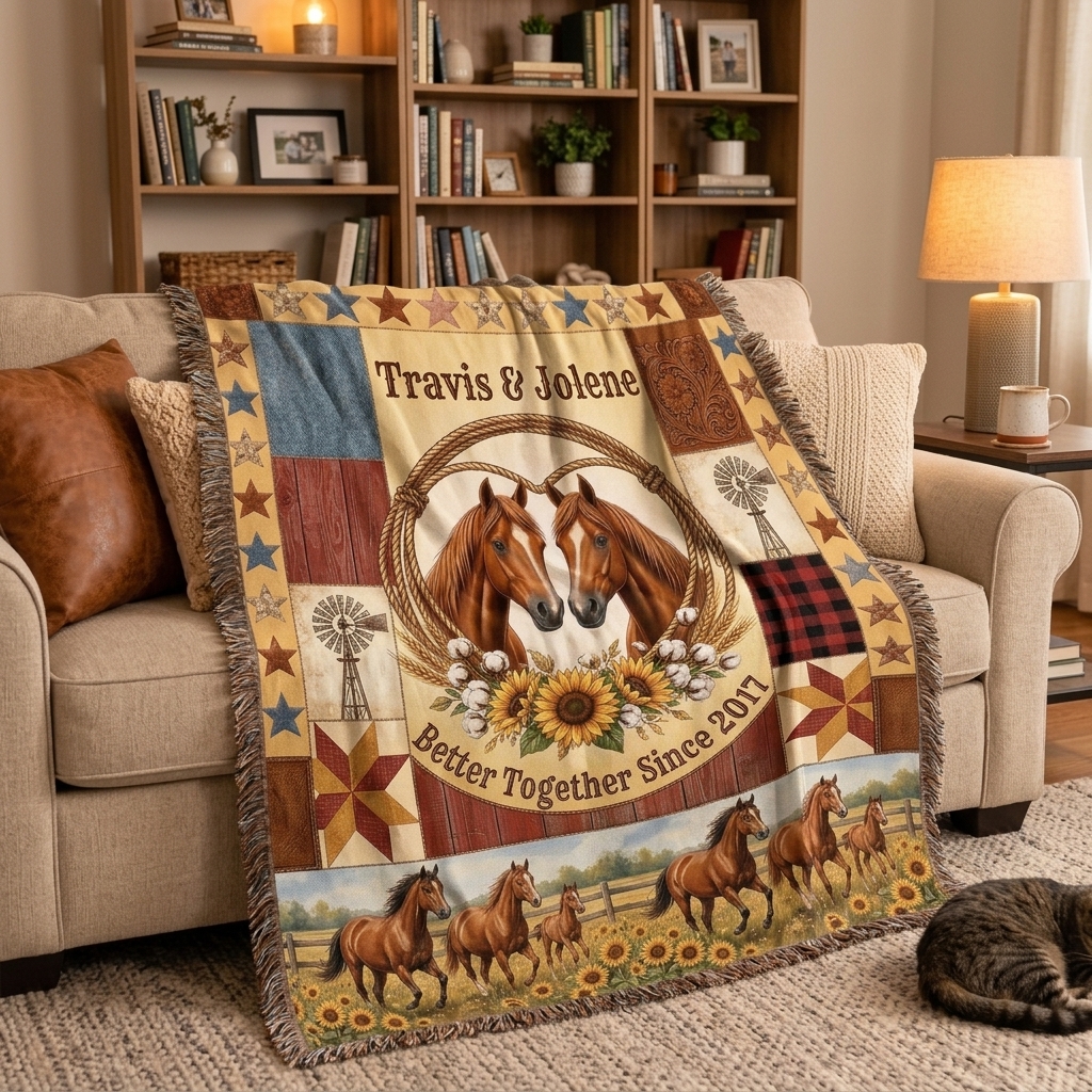 Personalized Couple Tassel Soft Throw Blanket with Name Bedroom Housewarming Anniversary Gift for Couple Horse Owner