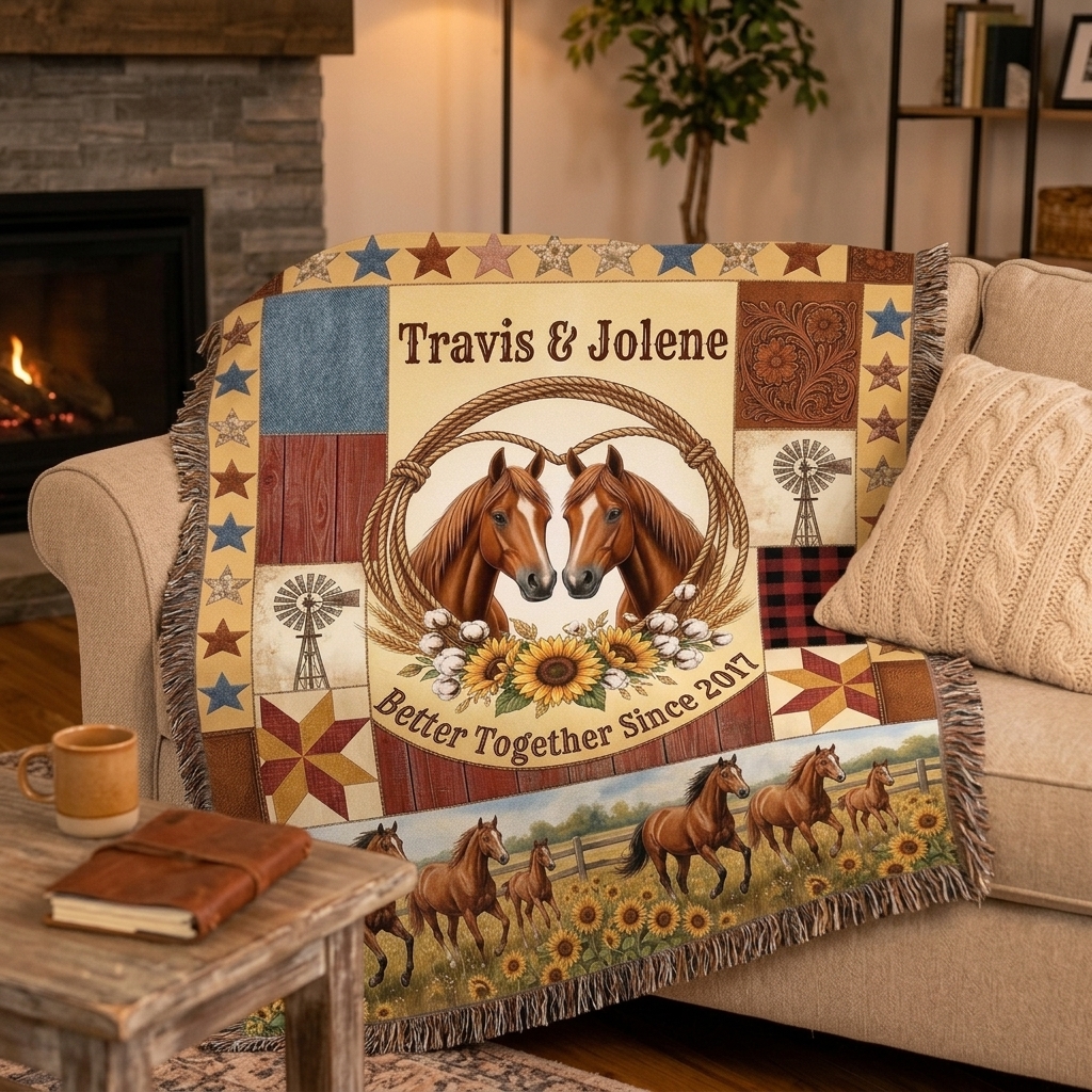 Personalized Couple Tassel Soft Throw Blanket with Name Bedroom Housewarming Anniversary Gift for Couple Horse Owner