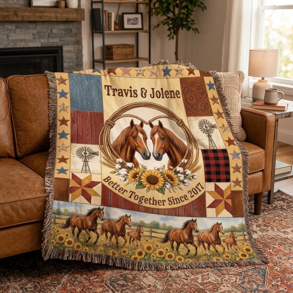 Personalized Couple Tassel Soft Throw Blanket with Name Bedroom Housewarming Anniversary Gift for Couple Horse Owner