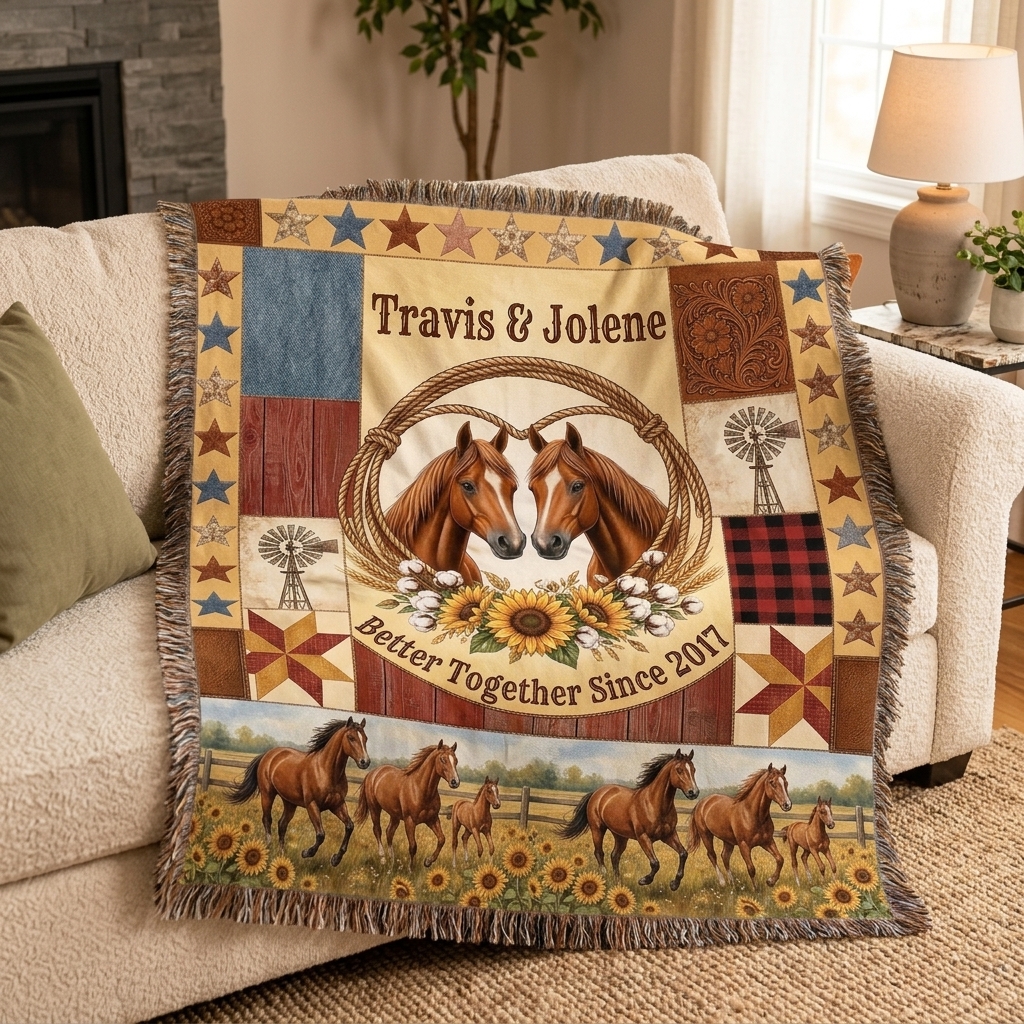 Personalized Couple Tassel Soft Throw Blanket with Name Bedroom Housewarming Anniversary Gift for Couple Horse Owner