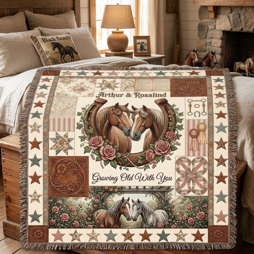 Personalized Growing Old Together Tassel Soft Throw Blanket with Name Bedroom Housewarming Anniversary Gift for Couple Horse Owner