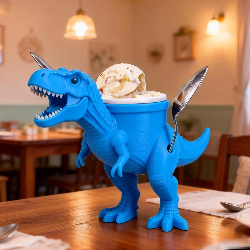 Dinosaur Theme Cool Orange T Rex Ice Cream Holder 3D Printed Cozy with Spoon Slot