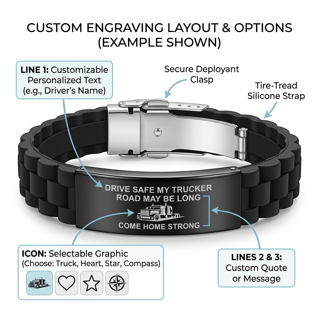 Custom Engraved Trucker Bracelet, Personalized Drive Safe Silicone Wristband, Custom Text Gift for Truck Driver Husband Dad Men