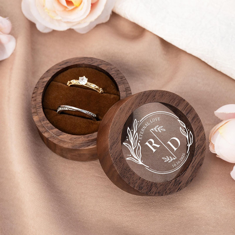 Personalized Couple Eternal Love Round Wreath Wedding Wooden Ring Box Newlywed Ring Box with Acrylic Cover Engagement Ring Box Husband Wife Ring Box