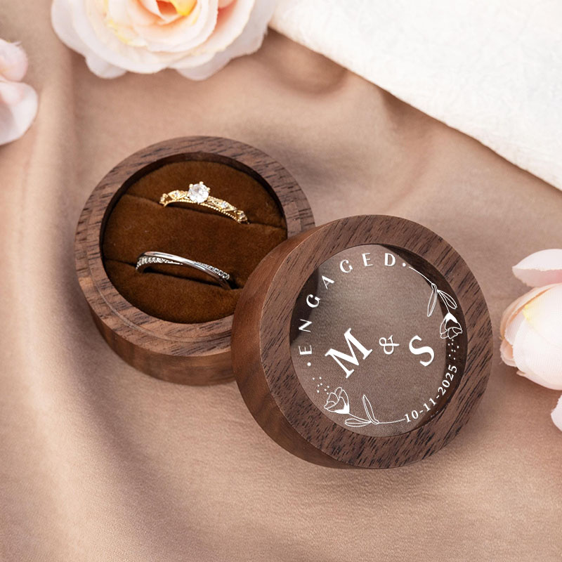 Personalized Couple Engaged Round Rose Wreath Wooden Ring Box Custom Newlyweds Initials Ring Box with Acrylic Cover Wedding Ring Box Husband Wife Gift