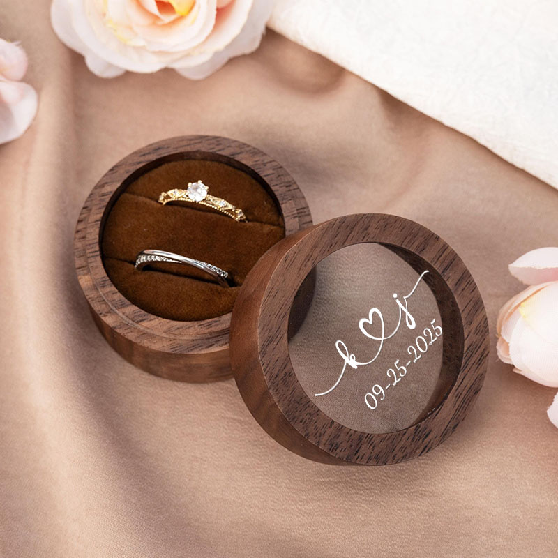 Personalized Couple Initials with Heart Wedding Wooden Ring Box Newlyweds Round Ring Box with Acrylic Cover Engagement Ring Box Husband Wife Gift