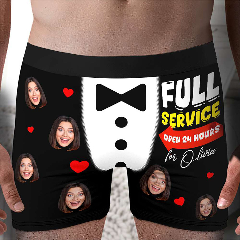 Personalized Girlfriend Wife Face Full Service Open 24 Hours for Her Boxer Briefs Men Underwear with Woman Face Photo Valentines Day Gift for Him