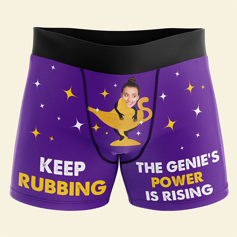 Personalized Girlfriend Wife Face Keep Rubbing The Genie's Power is Rising Boxer Briefs Men Underwear with Woman Photo Valentines Day Gift for Him
