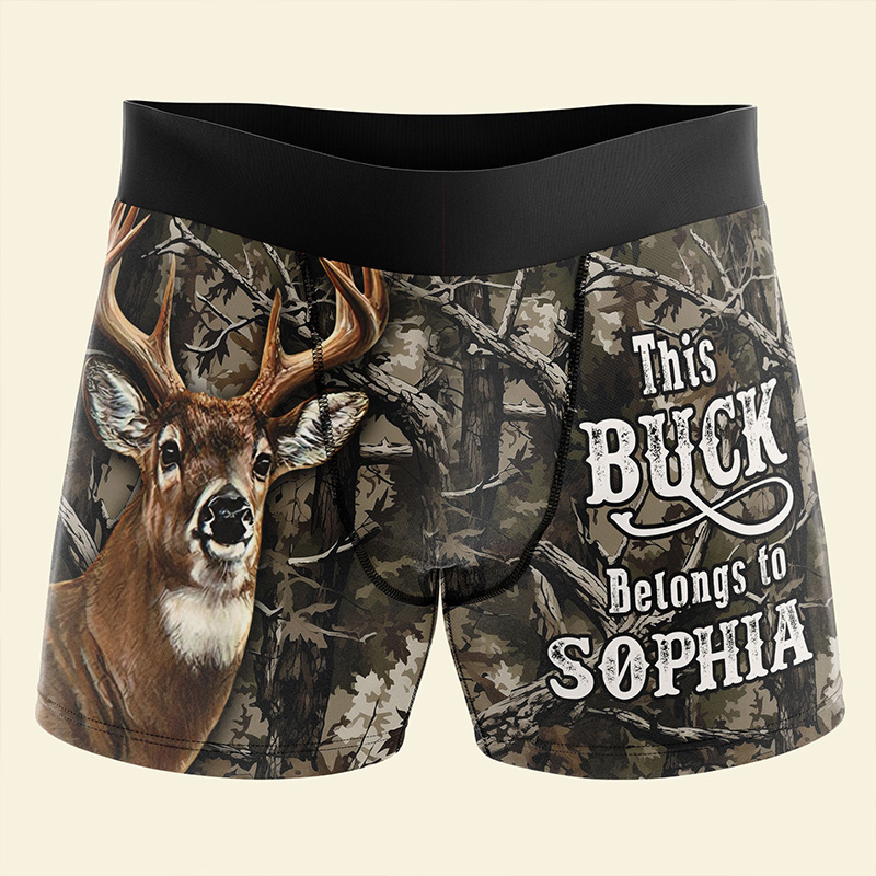 Personalized Men This Buck Belongs to Her Boxer Brief Custom Boyfriend Husband Underwear with Girlfriend Wife Name Valentines Day Gift for Him