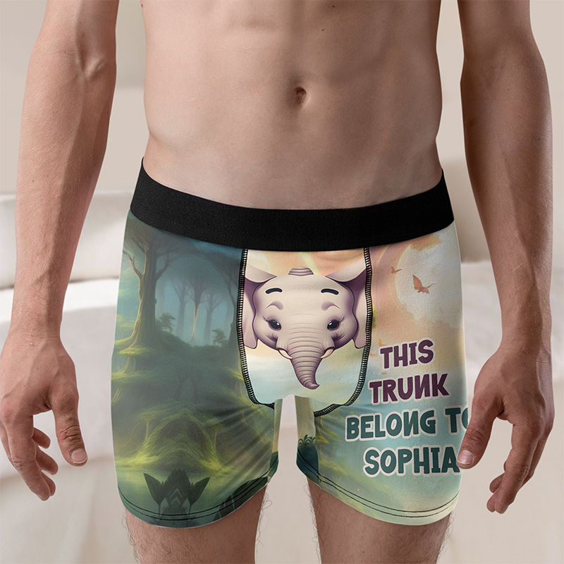 Personalized Man This Trunk Belong To Her Boxer Brief Custom Men Elephant Pattern Underwear with Woman Name Valentines Day Gift for Boyfriend Husband