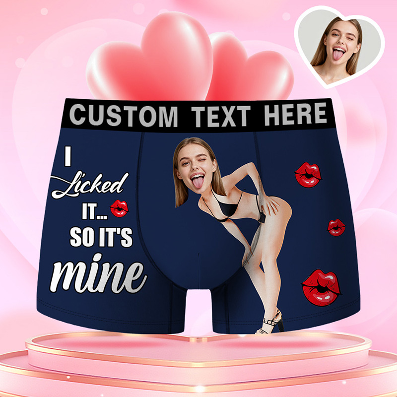 Personalized Girlfriend Wife Face Boxer Brief I Licked It So It's Mine Men Underwear with Woman Face Portrait Valentines Day Gift for Boyfriend Husband