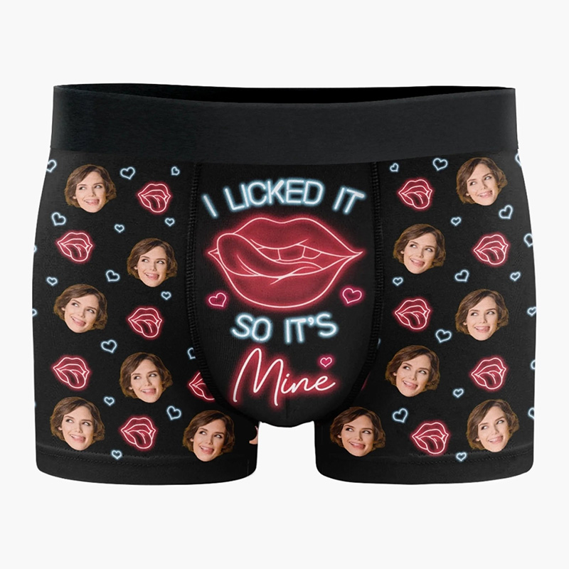 Personalized Girlfriend Wife Face Neon-style I Licked It So It’s Mine Boxer Briefs Men Underwear with Woman Face Photo Valentines Day Gift for Him