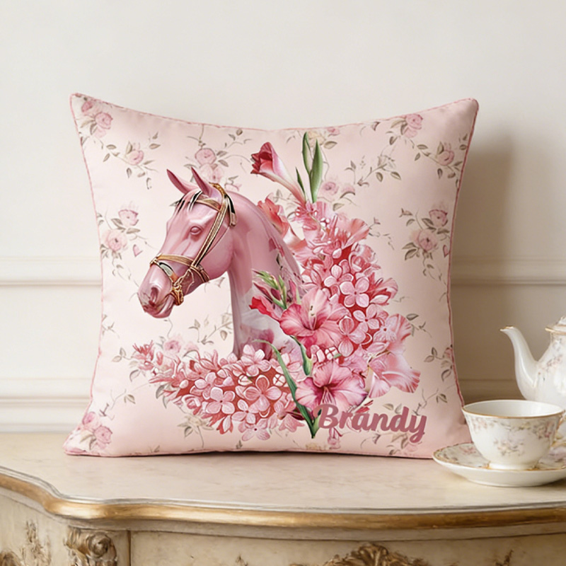 Personalized Birth Flower Horse Throw Pillow Equestrian Pillow Cover French Farmhouse Decor for Riding Lovers Equestrian Lovers