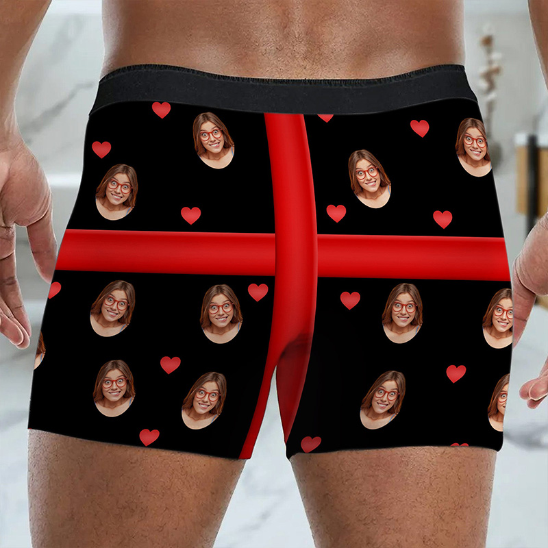 Personalized Girlfriend Wife Face Boxer Brief Red Bow Huge Gift For Her Men Underwear with Woman Face Photo Valentines Day Gift for Boyfriend Husband