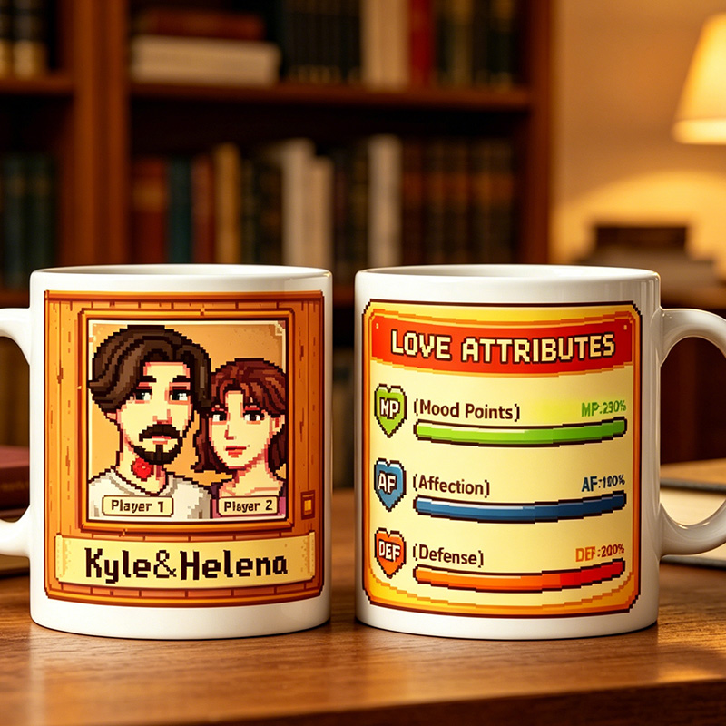 Personalized Game Couple Mug with Names Pixel-style All-over Print Couple Mug Personalized Couple Gift Photo Mug