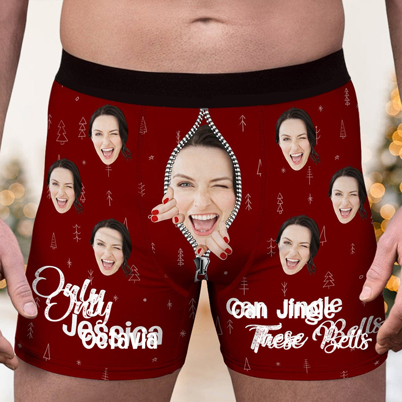 Personalized Girlfriend Wife Face Only Her Can Jingle These Bells Christmas Boxer Briefs Men Underwear with Face Photo Xmas Gift for Boyfriend Husband