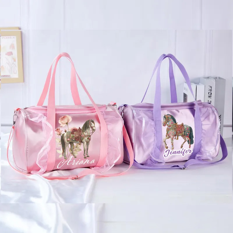 Personalized Horse Duffle Dance Bag with Name and Shoulder Strap Overnight Bag for Girl Ballet Bag Weekender Back To School Gift for Girls Riding Lovers Equestrian Lovers