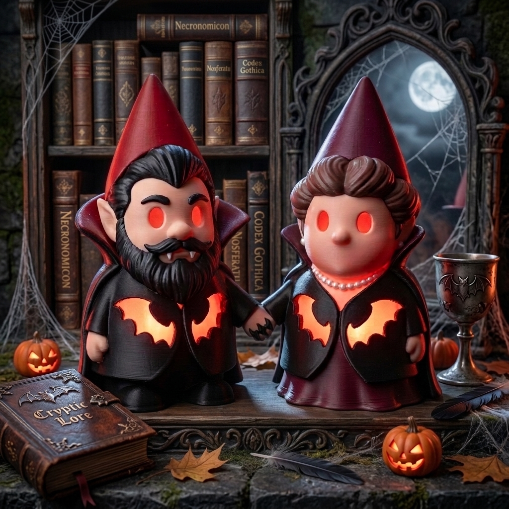 Personalized 3D Printed Vampire Gnome Couple Statue 3D Printed  Glow Bat Cutout Dracula Gnomes Gothic Dark Academia Halloween Tabletop Decor Spooky Vampire Lover Figurine Gift