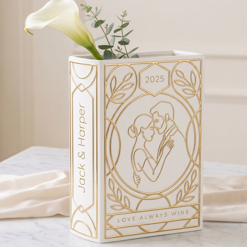 Personalized Engagement Ceramic Book Vase, Wedding Vase Gift, Custom Couple Name Book Vase,Gift for Newlyweds, Wedding Anniversary Gift for Couple